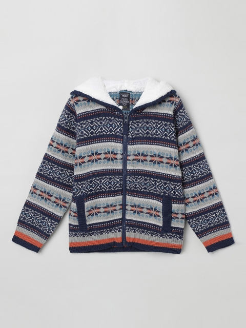 

max Boys Navy Blue Printed Front-Open Sweater