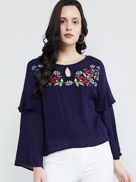 

max Women Navy Blue Embroidered Top