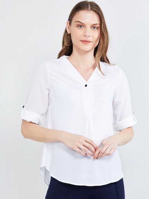 

max Women White Solid Shirt Style Top