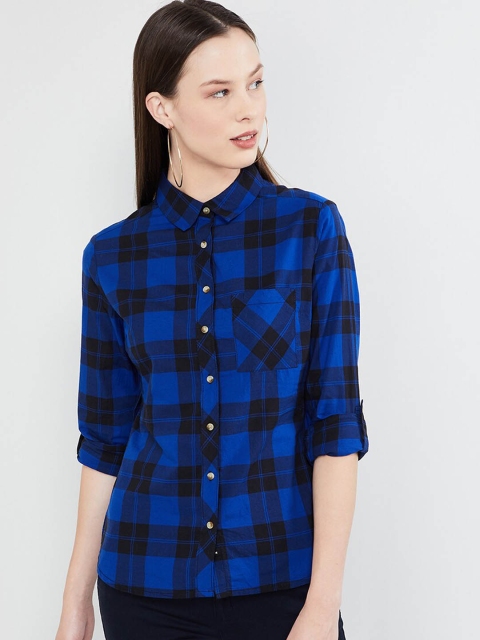 

max Women Blue & Black Regular Fit Checked Casual Shirt