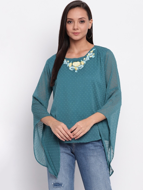 

Mayra Women Turquoise Blue Embroidered Top