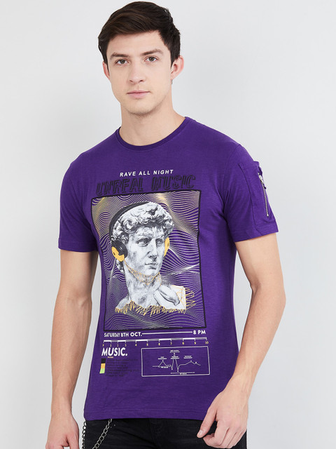 

max Men Purple Printed Round Neck T-shirt