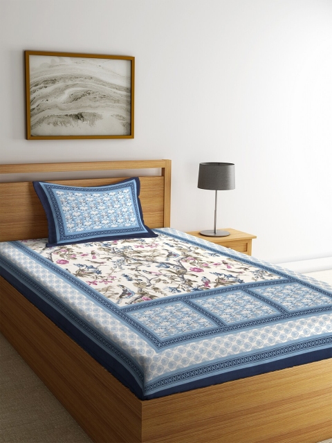 

Rajasthan Decor White & Blue Floral 144 TC Cotton 1 Single Bedsheet with 1 Pillow Covers