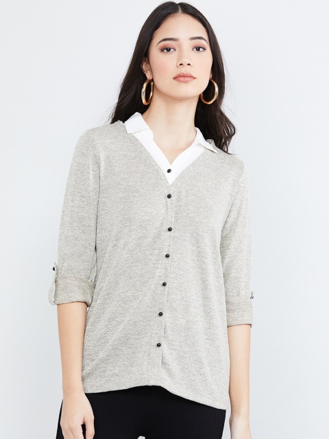 max Women Beige Solid Shirt Style Top