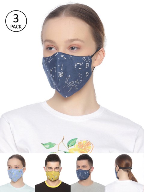 

Bene Kleed Adults Pack of 3 Printed HeptaShield 3-Ply Reusable Cloth Masks, Blue