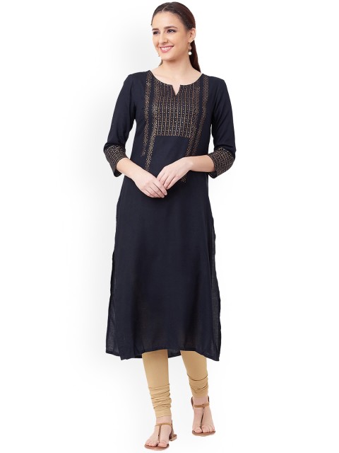 

IMARA Women Navy Blue & Gold-Coloured Printed Straight Kurta, Black