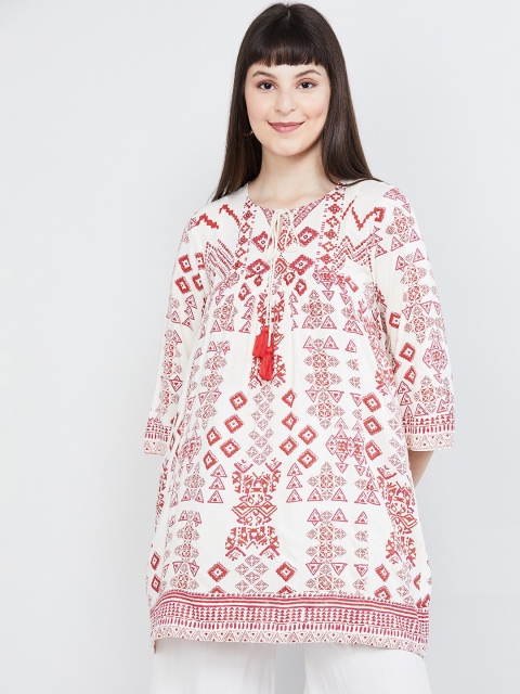 max Women White & Red Printed A-Line Top