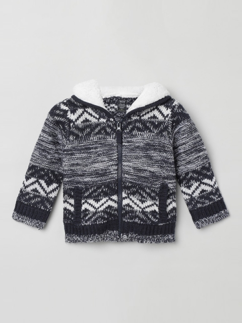 

max Boys Charcoal Grey & White Self Design Front-Open Sweater