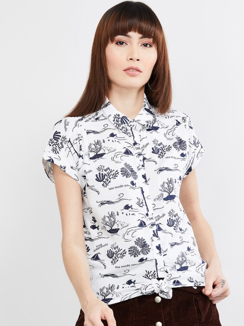 

max Women White & Blue Regular Fit Printed Casual Shirt