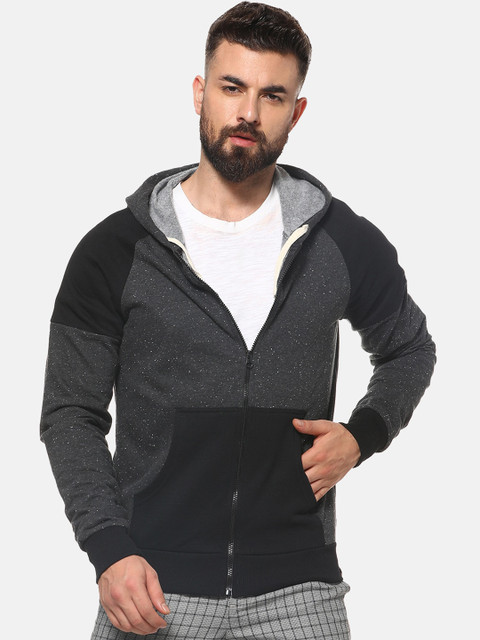 

Campus Sutra Men Black & Grey Colourblocked Hooded Sweatshirt