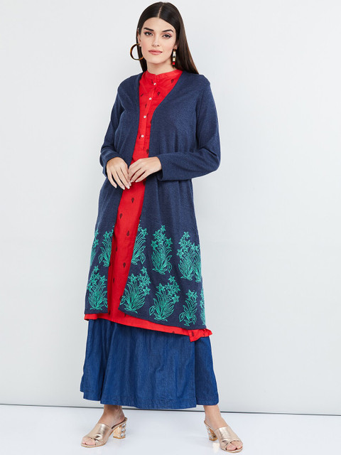 

max Women Navy Blue & Sea Green Floral Print Open Front Shrug