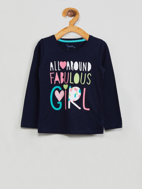 max Girls Navy Blue Printed Round Neck T-shirt