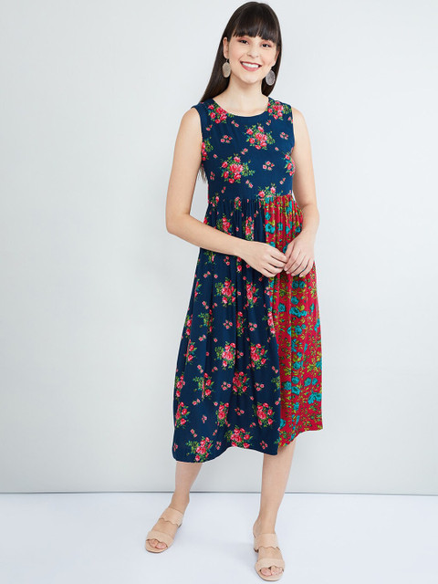 

max Women Navy Blue Printed A-Line Dress