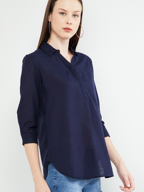

max Women Navy Blue Solid Shirt Style Top