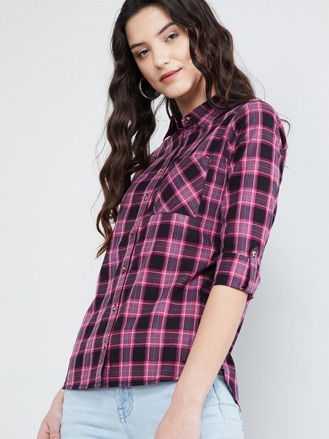 

max Women Black & Pink Regular Fit Checked Casual Shirt