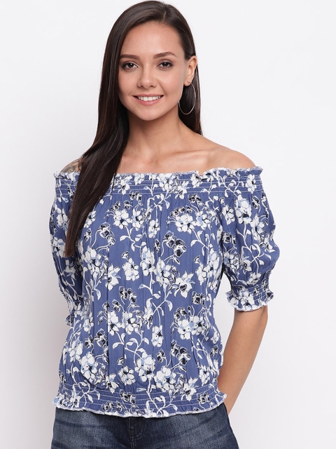 

Mayra Women Blue Printed Bardot Top
