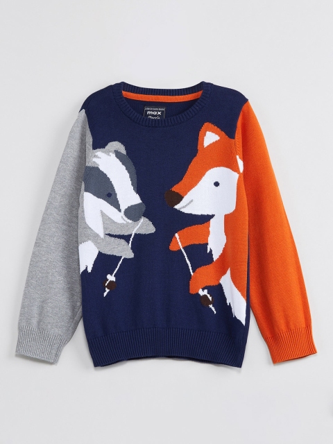 

max Boys Navy Blue Printed Pullover Sweater