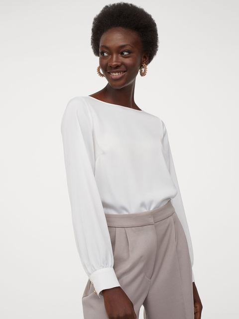 

H&M Women White Solid Satin Boat-Necked Blouse