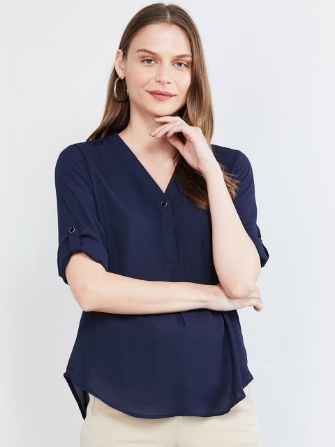 

max Women Navy Blue Solid Shirt Style Top