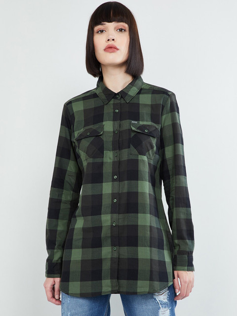 

max Women Green & Black Regular Fit Checked Casual Shirt