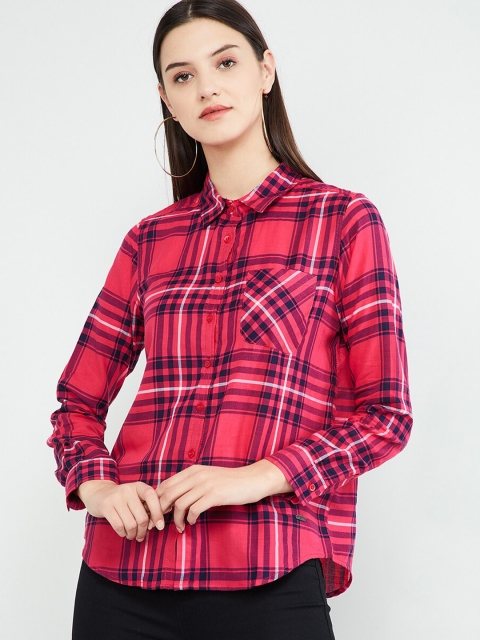 max Women Fuchsia & Blue Regular Fit Checked Casual Shirt