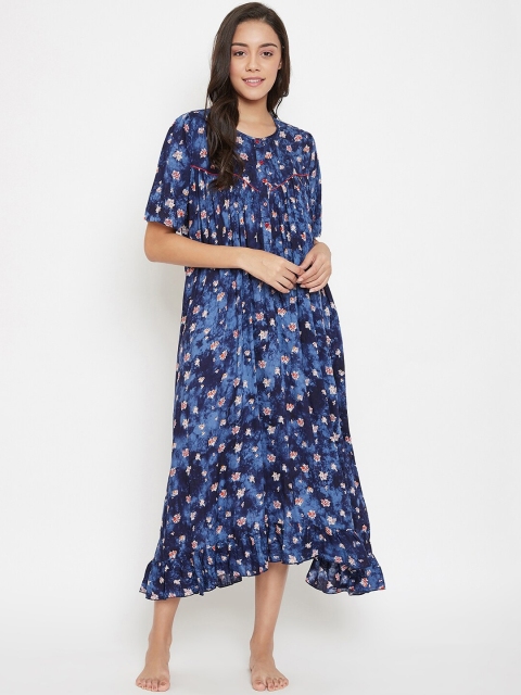 

The Kaftan Company Navy Blue & Pink Printed Nightdress