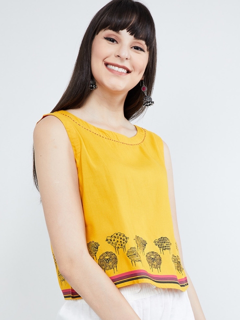

max Women Mustard Yellow Printed Boxy Top