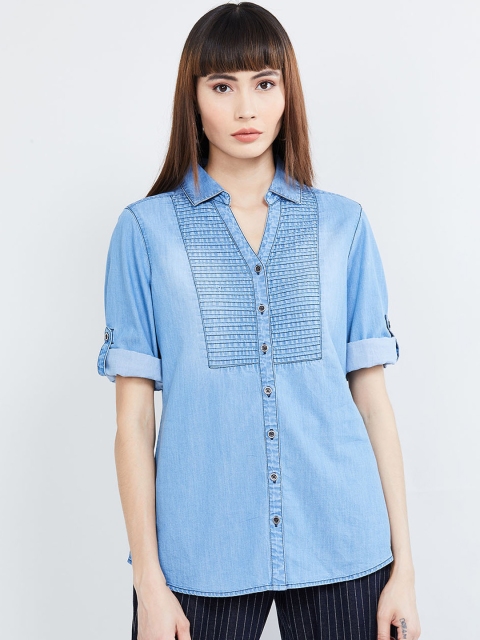 

max Women Blue Regular Fit Solid Casual Shirt