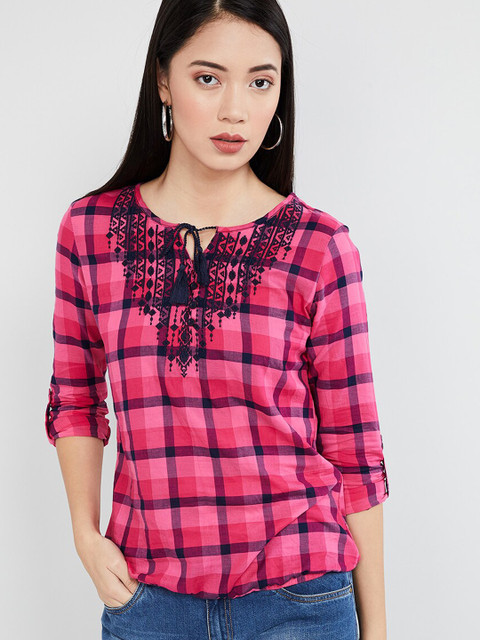 

max Women Pink Checked Embroidered Detail Top