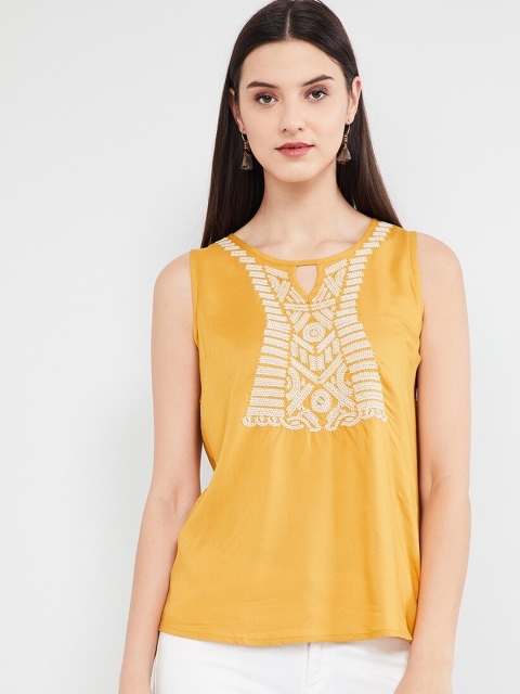 

max Women Yellow Embroidered Styled Back Top