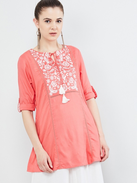 max Women's Pink & White Embroidered Tunic