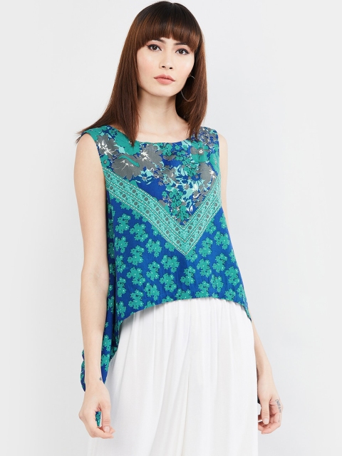 

max Women Blue Printed High-Low Top