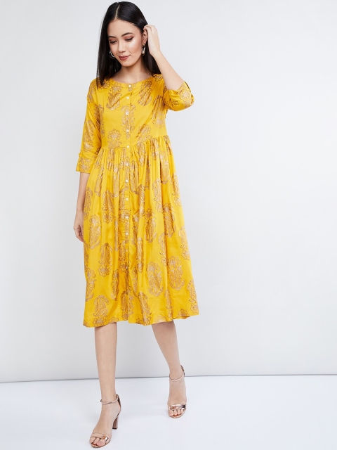 

max Women Mustard Printed A-Line Dress