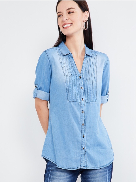 

max Women Blue Regular Fit Solid Casual Shirt