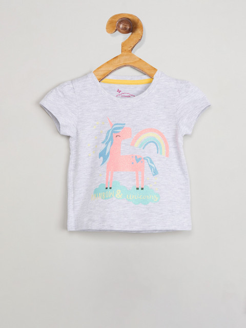 

max Girls Grey Melange & Peach-Coloured Printed Round Neck T-shirt