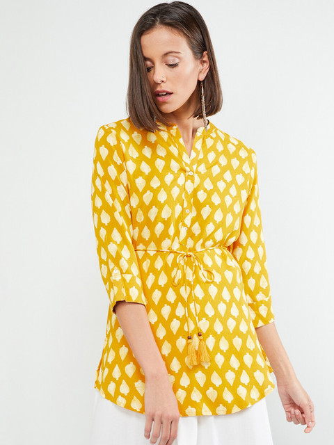 

MAX Mustard Yellow Printed Roll-Up Sleeve Printed Tunic