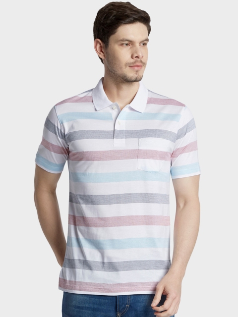 

ColorPlus Men White & Blue Striped Polo Collar T-shirt