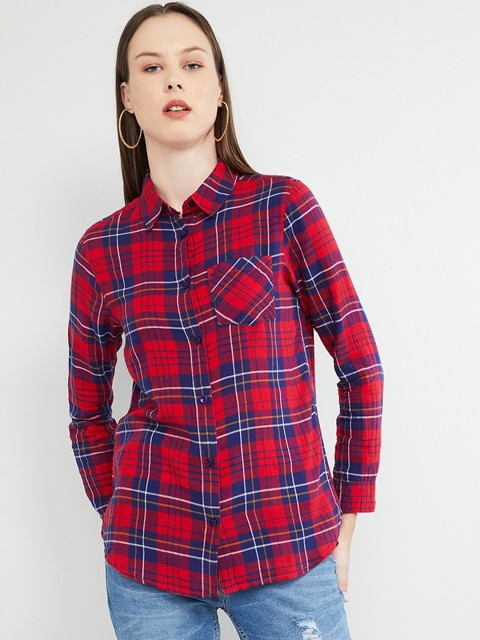 

max Women Red & Navy Blue Regular Fit Checked Casual Shirt