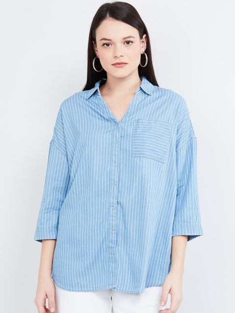 max Women Blue & White Regular Fit Striped Casual Shirt