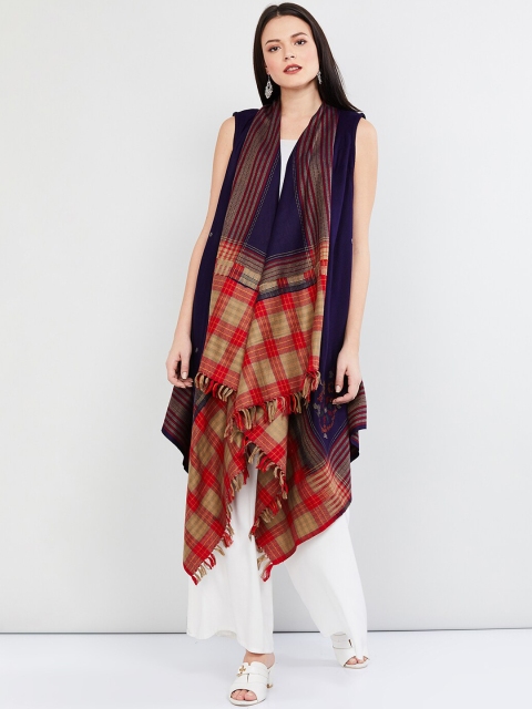 

max Women Blue & Red Checked Open Front Shrug