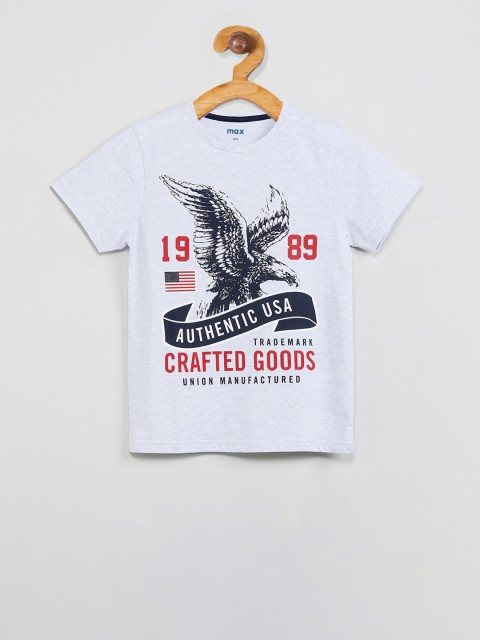 

max Boys Grey Melange Printed Round Neck T-shirt