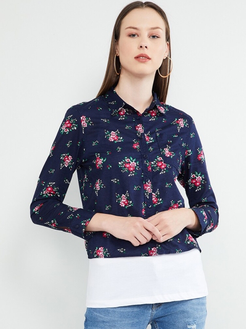 

max Women Navy Blue & Red Regular Fit Printed Casual Shirt
