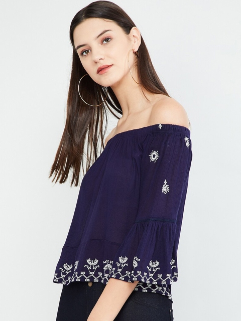 

max Women Navy Blue Embroidered Bardot Top