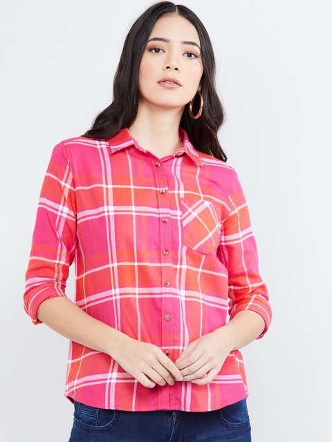 

max Women Fuchsia & Orange Regular Fit Checked Casual Shirt