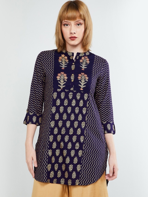 

max Women's Navy Blue & Gold-Toned Printed Tunic