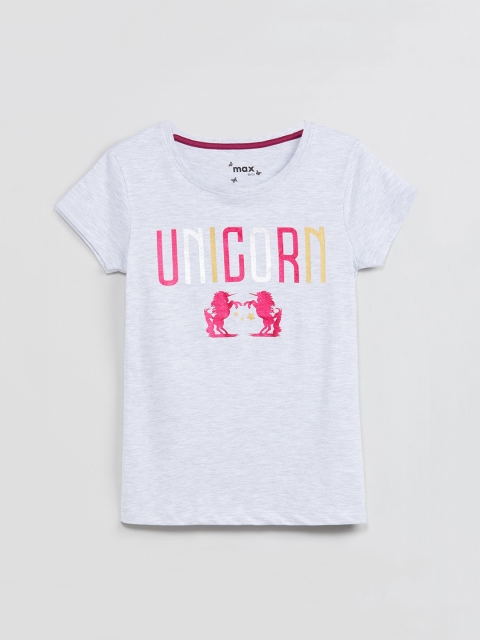 

max Girls Grey Melange Printed Round Neck T-shirt