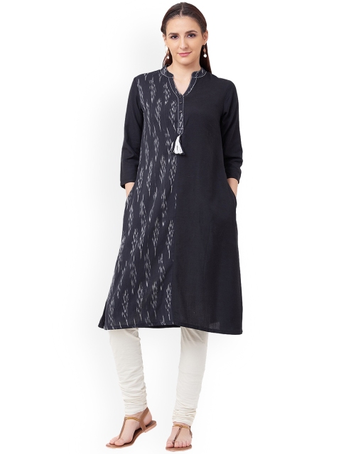 

IMARA Women Black & White Ikat Dyed A-Line Kurta