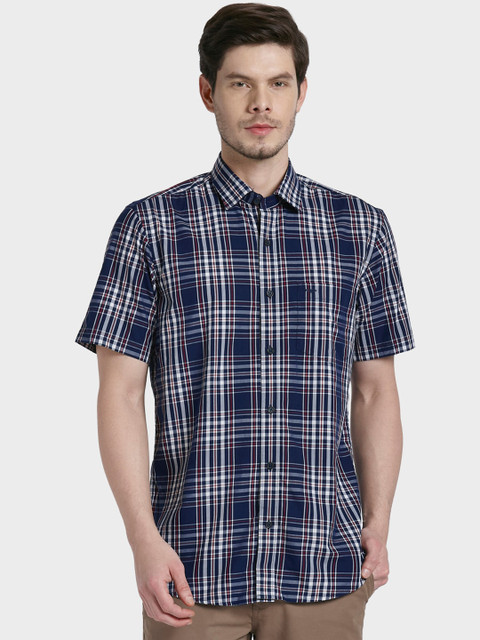 

ColorPlus Men Navy Blue & White Tailored Fit Checked Casual Shirt