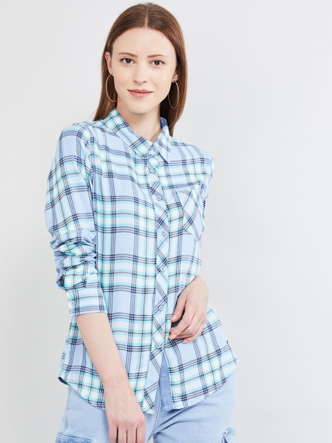 max Women Blue Regular Fit Checked Casual Shirt