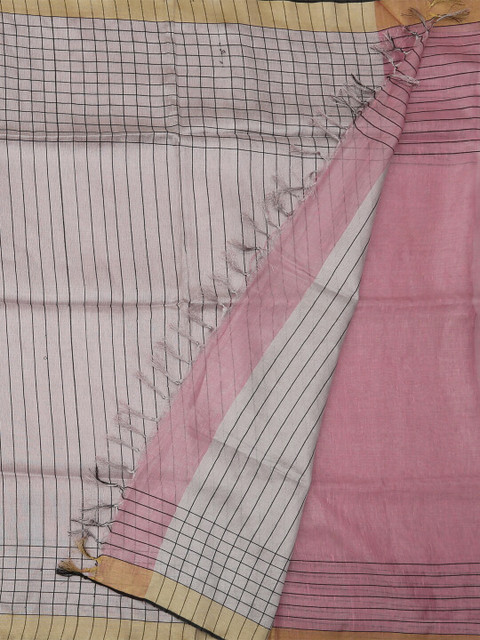

Pothys Pink & Grey Pure Linen Checked Saree